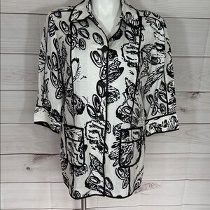Chico's Black & White Floral Print Lined Jacket 3/4 Sleeve Size L/12/Chico’s 2